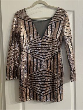 Women's Rose Gold Sequin V-Neck Party Dress